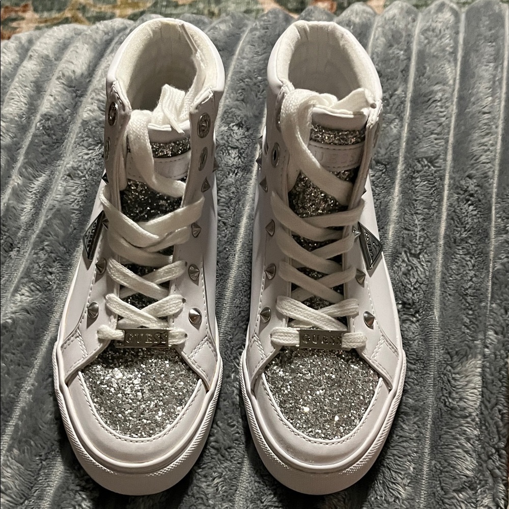 Guess White and Silver High-Top Sneakers